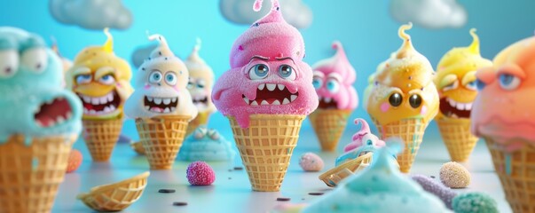 Whimsical 3D illustration of colorful ice cream characters with expressive faces in waffle cones. Perfect for fun, playful designs and children's projects.