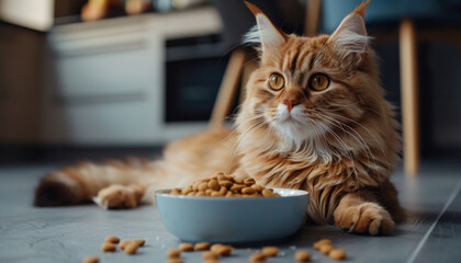 Ginger Cat Looking Away from its Food Bowl