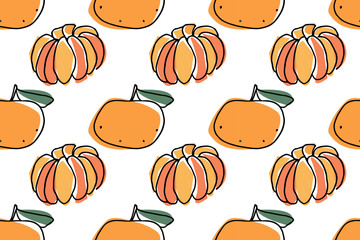 Bright seamless pattern with Tangerine fruit. Mandarins hand drawn vector doodle sketch with orange color. Food pattern For print, textile, fabric, wrapping paper, wallpaper, scrapbooking.