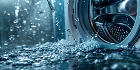 Closeup image of leaking washing machine ideal for appliance repair services ad. Concept Appliance Repair Services, Washing Machine Leak, Closeup Image, Repair Advertisement