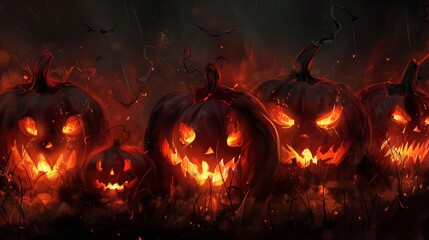 Naklejka premium Halloween pumpkin night. Dark autumn holiday, scary and spooky. Evil lantern, fear glowing orange. Jack o lantern symbol, creepy face. Carved decoration, October celebration.