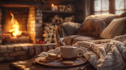 A realistic illustration of a cozy fireplace with a stack of wood, soft blankets, and a hot drink, creating a warm and inviting atmosphere perfect for winter and holiday themes