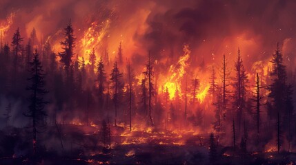 Fototapeta premium An intense scene of a forest fire, with towering trees ablaze and dense smoke billowing upwards, capturing the raw power and devastation caused by uncontrolled wildfires in natural settings.