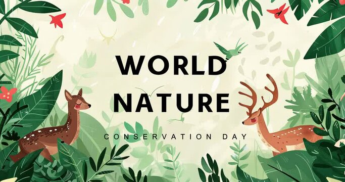 Create a tranquil copy space background for World Nature Conservation Day, featuring lush greenery, delicate wildlife illustrations - Powered by Adobe