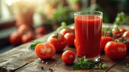 Fresh tomato juice in a glass on a rustic wooden table, surrounded by whole and sliced tomatoes, basil leaves, and peppercorns, evoking a wholesome and vibrant scene of natural health. - Powered by Adobe