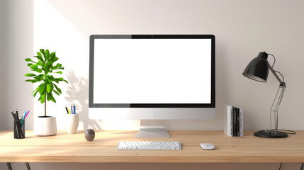 Fototapeta premium A computer monitor with a potted plant and a lamp is installed on a wooden table. A mockup of a computer monitor in a stylish bright room. There is a keyboard, mouse and books