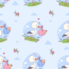 Seamless pattern with cute stork holds bundle in its beak with newborn baby boy and girl on blue background with clouds. Vector illustration. Cartoon bird kawaii. Kids collection
