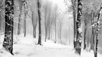 Cold winter snow. Frosty white forest trees. Nature s snowy weather in park. Icy landscape scene, outdoor beauty. Snowfall background, wood branches. Sky on Christmas, snowstorm.