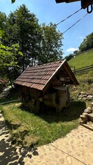  Immerse yourself in the cultural heritage of an ethno village with this captivating photograph of an old retro house. 