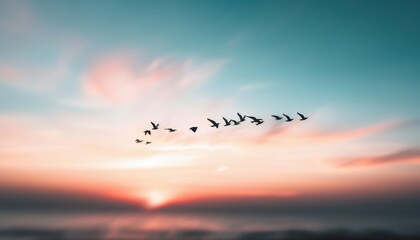 Fototapeta premium A flock of birds in V-formation flying over a serene sea during a breathtaking sunset with vibrant colors in the sky.