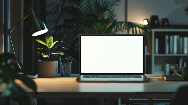 Mockup of a white laptop screen for presentation of website design, etc. There is an open laptop on a desk in a dark room