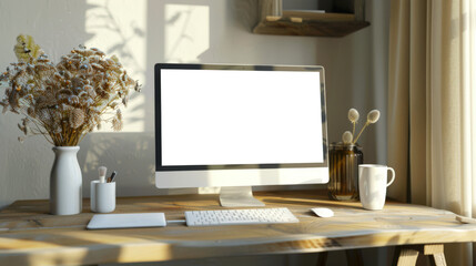 Mockup computer monitor for website presentation, etc. There is a computer monitor on a wooden desk, next to a vase of flowers, a keyboard, a mouse and a cup of coffee