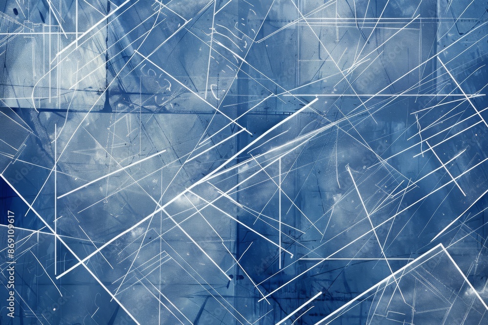 Poster abstract painting featuring blue and white colors with intersecting lines and angles, creating a dyn