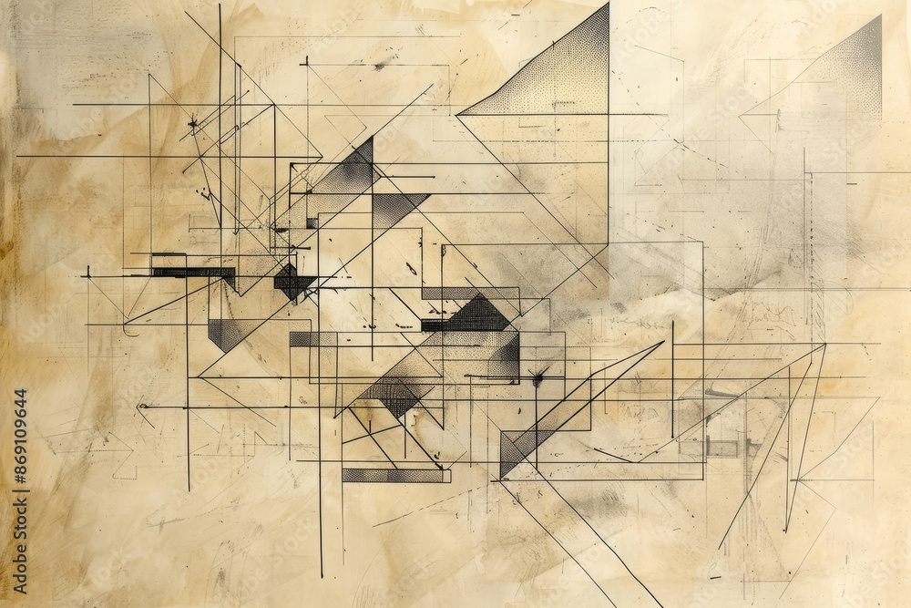 Poster a piece of paper with an abstract composition of lines and angles in blue, abstract composition of l