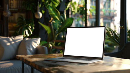 A mockup of an open laptop for a website presentation in a trendy cafe. The laptop sits on a wooden table in a room with a sofa, pillows and large green plants