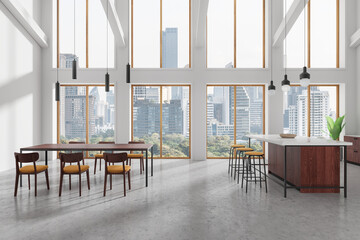 Bright modern dining area with large windows overlooking a cityscape, minimalistic style, white interior. Concept of luxury urban living, architectural rendering. 3D Rendering