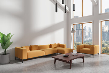 White home living room interior with couch and window, mockup wall