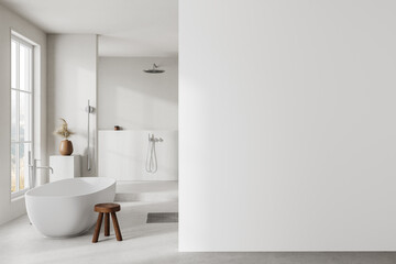 White hotel bathroom interior with tub and shower, window and mockup wall