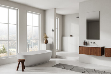 White hotel bathroom interior with sink, tub and shower. Panoramic window