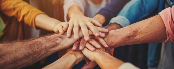 A group of people are holding hands in a circle. The people are of different ages and races. Concept of unity and togetherness.