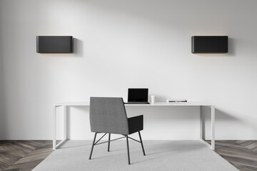 A modern minimalist home office setup with a laptop, books, cup, and monochromatic furniture on a white wall background. 3D Rendering