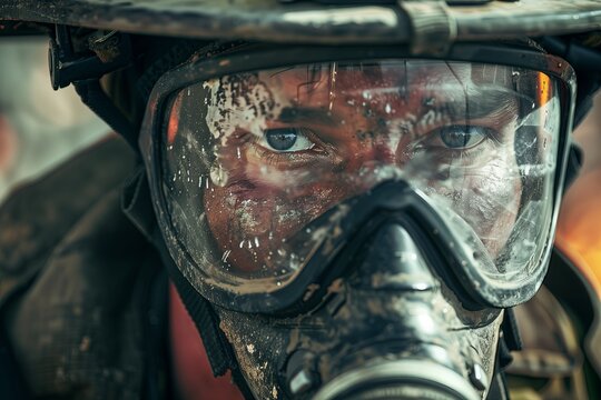 Soldier in military uniform. Man with weapon, camouflage protection. Army battle portrait, helmet and mask. Paintball game, outdoors fight. Recreation action, survival sport.