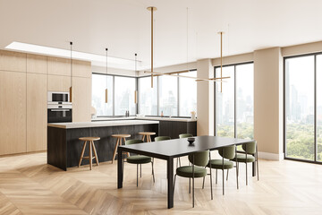 Stylish home kitchen interior with island and eating table, cabinet and window