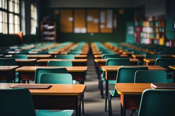Fototapeta premium Classroom with rows of empty desks and chairs