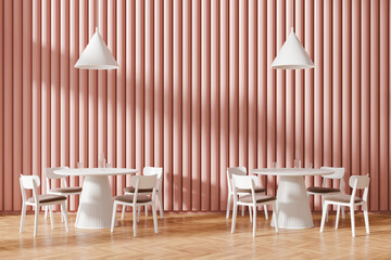 Modern cafe with round tables and white chairs, minimalist design, pink wall background, concept of contemporary restaurant seating.  3D Rendering