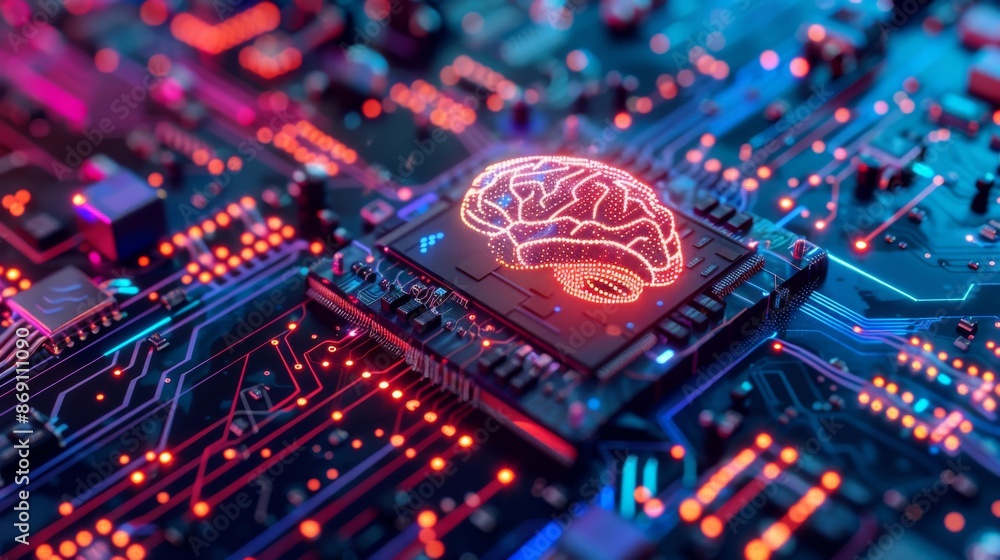 Poster a close-up photograph of a brain icon glowing on top of a cpu, surrounded by interactive holographic