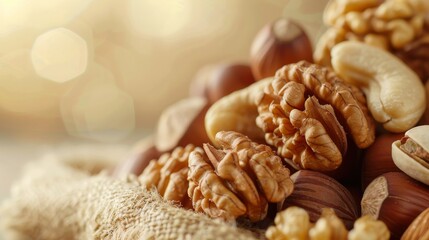 Fototapeta premium Close-up photo of walnuts, cashews, and hazelnuts displayed on a neutral background, highlighting their natural textures and colors