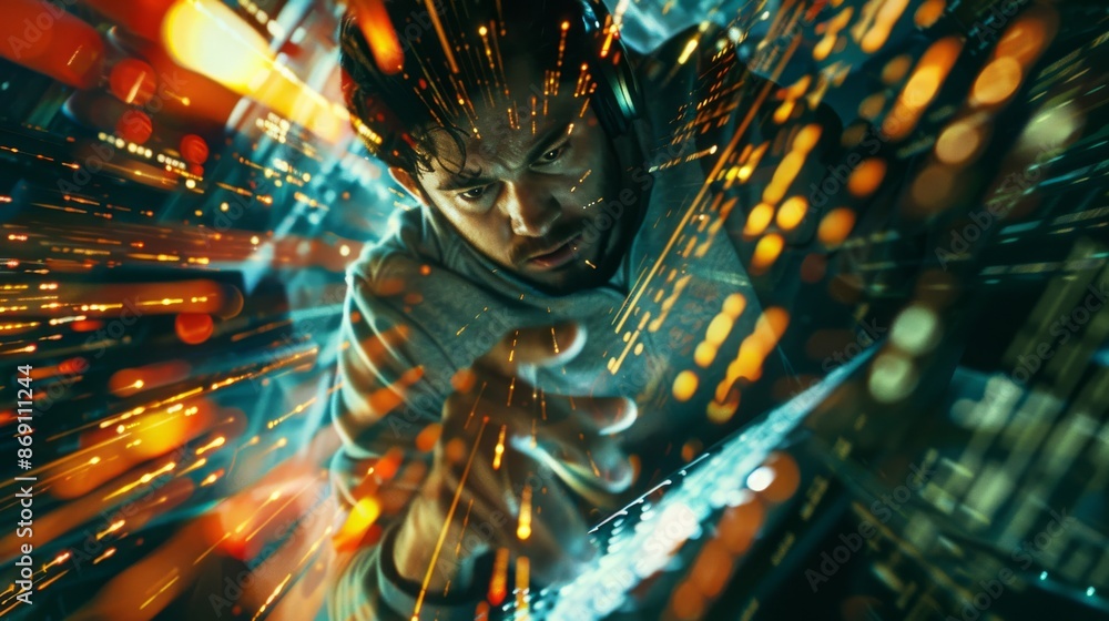 Poster a close-up view of a hacker intently typing on a laptop, surrounded by digital screens displaying li
