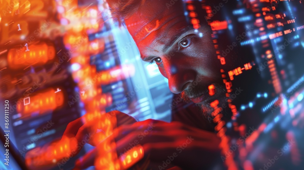 Poster a close-up shot of a hacker intensely typing on a laptop, surrounded by glowing digital screens disp