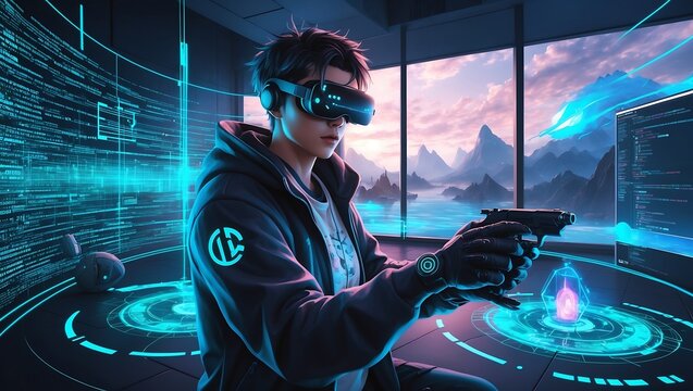 Cyberpunk hacker in VR with holographic code, futuristic digital art