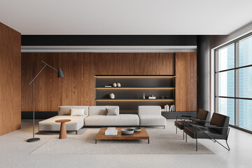 Home living room interior with sofa and armchairs, shelf and panoramic window