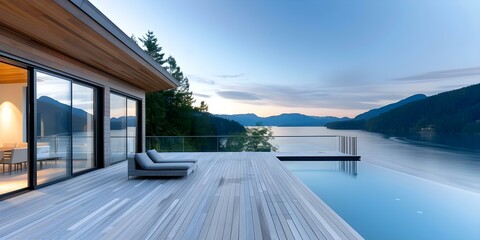 Fototapeta premium Modern waterfront home with serene views large deck overlooking tranquil cove. Concept Waterfront Homes, Serene Views, Large Decks, Tranquil Coves
