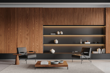 Office relax zone interior with two armchairs and shelf, coffee table