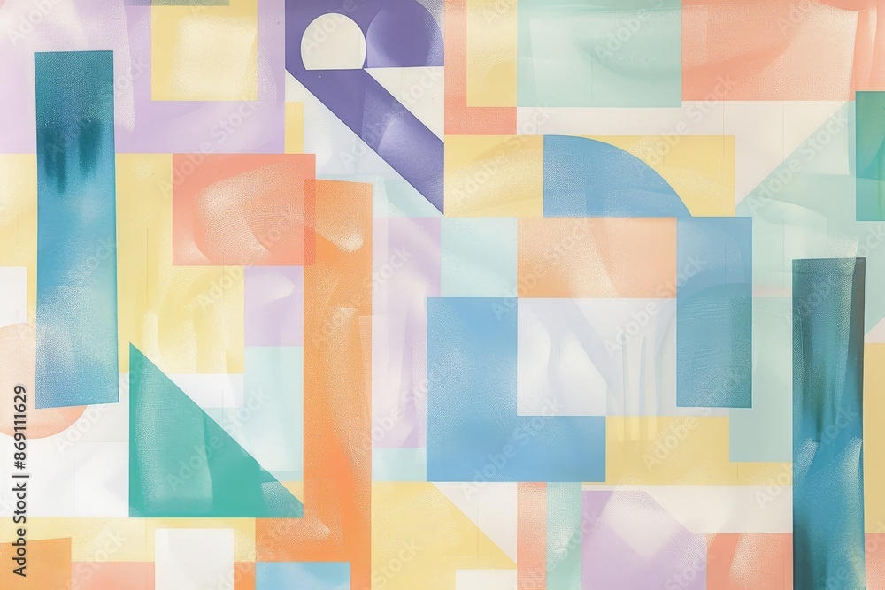 Poster a colorful abstract painting featuring a variety of geometric shapes in vibrant pastel hues, creatin