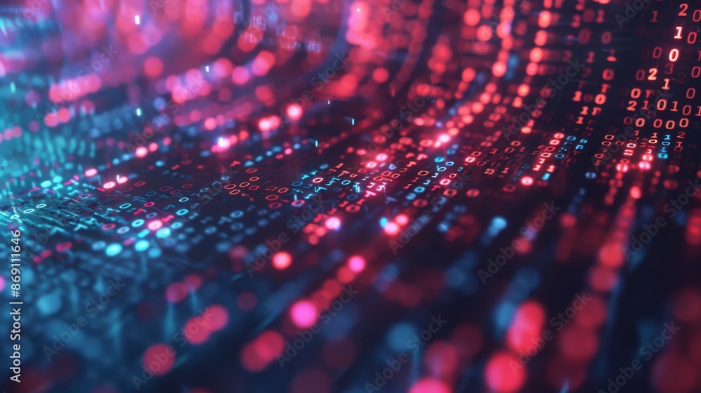 Poster A close-up photograph of an abstract digital interface featuring a pixelated data stream with glowing binary code elements in red and blue hues