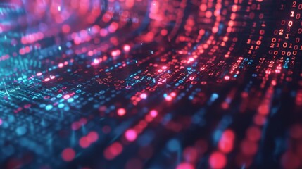 A close-up photograph of an abstract digital interface featuring a pixelated data stream with glowing binary code elements in red and blue hues