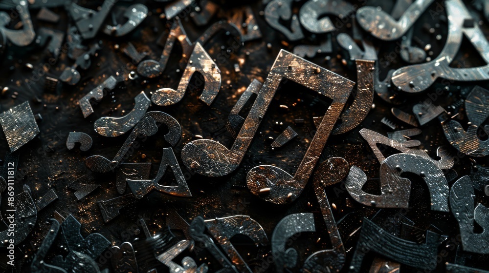 Poster a close-up photo shows metallic notes in a dynamic layout. the textured, weathered style and dark ba