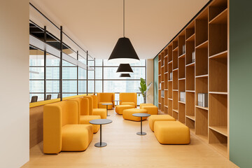 Colored office living room interior with soft place, shelf and panoramic window