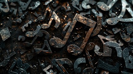 A close-up photo shows metallic notes in a dynamic layout. The textured, weathered style and dark background create movement and energy