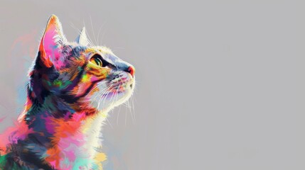 A cat with vibrant fur looks up and to the right