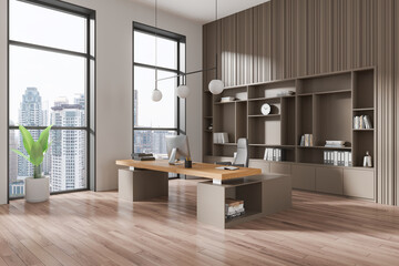 Stylish business interior with ceo desk near panoramic window, pc and shelf