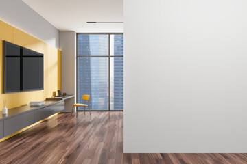 Yellow home living room interior with workplace and tv, window. Mockup wall