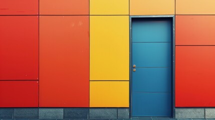 A blue door stands out against a colorful wall