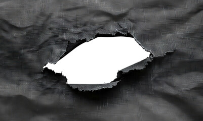 Hole in black fabric with frayed edges, cut out