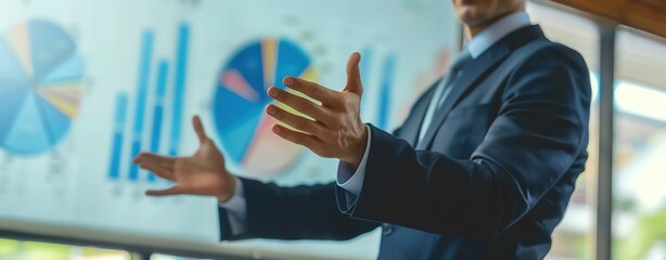 Design a semi-close-up image of a male office worker giving a presentation at an external seminar, with a professional setting and plenty of copy space.