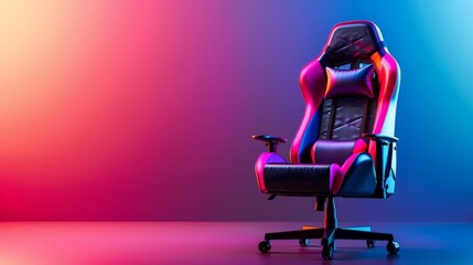 A comfortable gaming chair sits under a colorful gradient backdrop